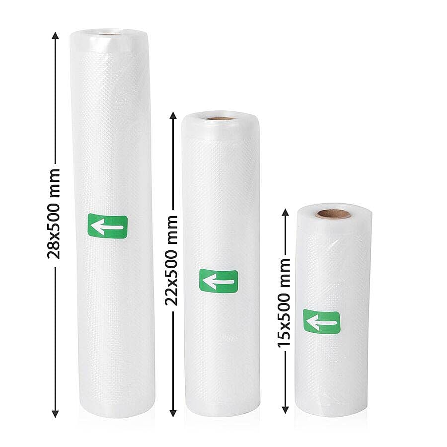 Set of 3 - Vacuum Sealer Rolls (Size 28x500 cm, 22x500 cm and 15x500 cm) 5 Meters Each