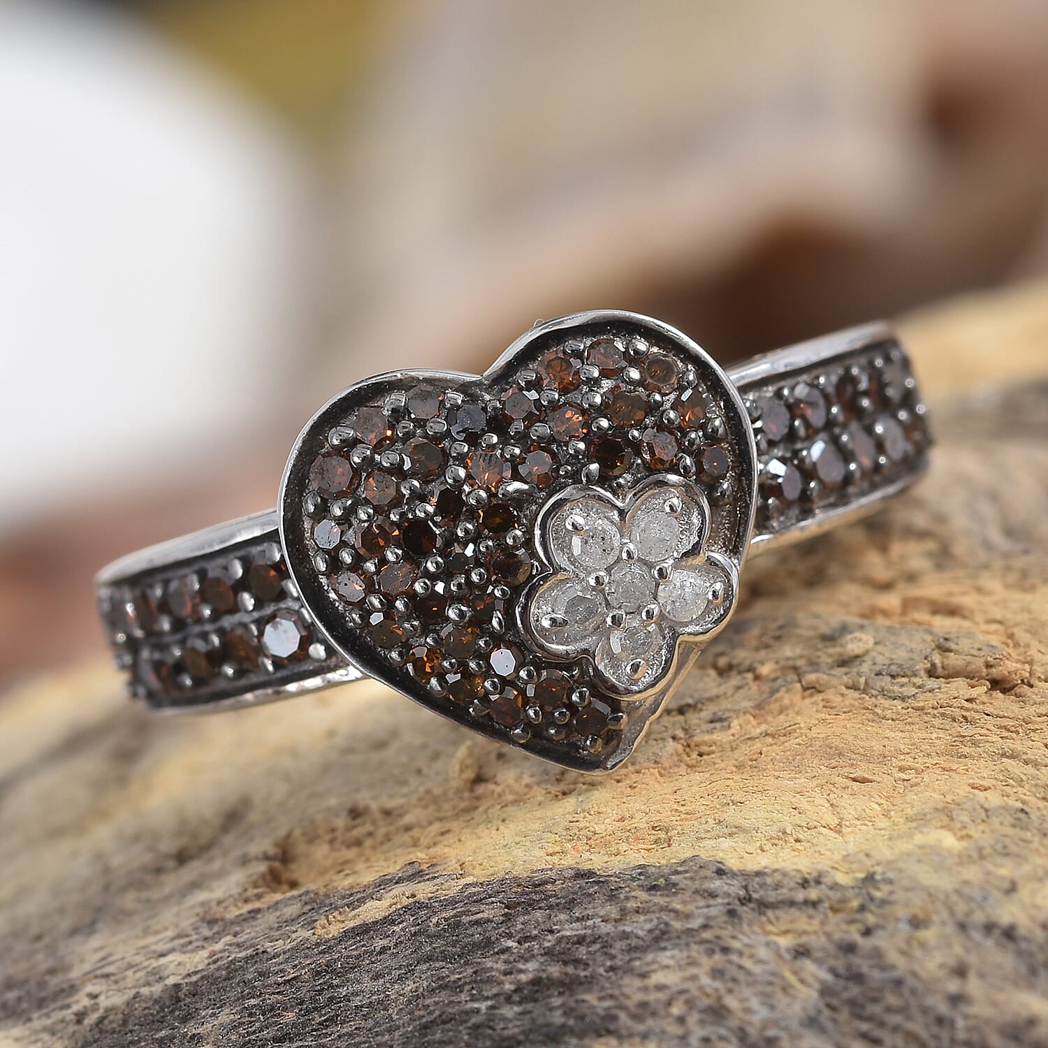 GP Red and White Diamond (Rnd), Kanchanaburi Blue Sapphire Ring in Black and Platinum Overlay Sterling Silver 0.520 Ct.