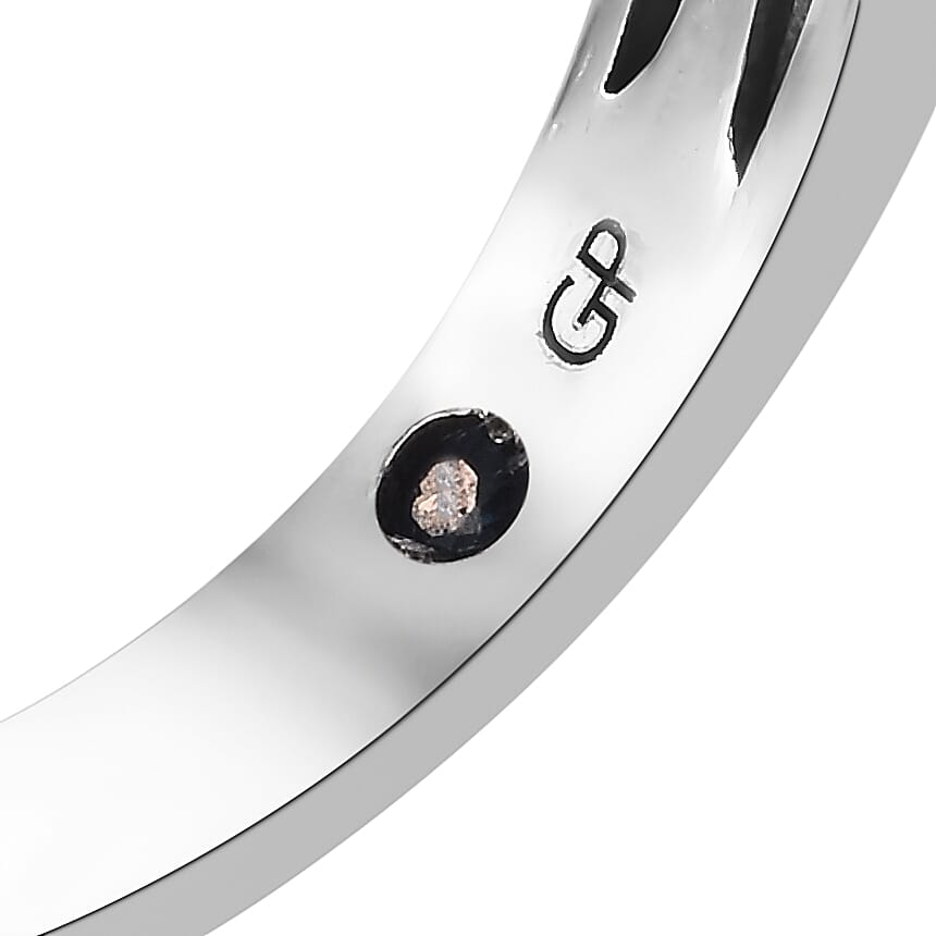 GP Red and White Diamond (Rnd), Kanchanaburi Blue Sapphire Ring in Black and Platinum Overlay Sterling Silver 0.520 Ct.