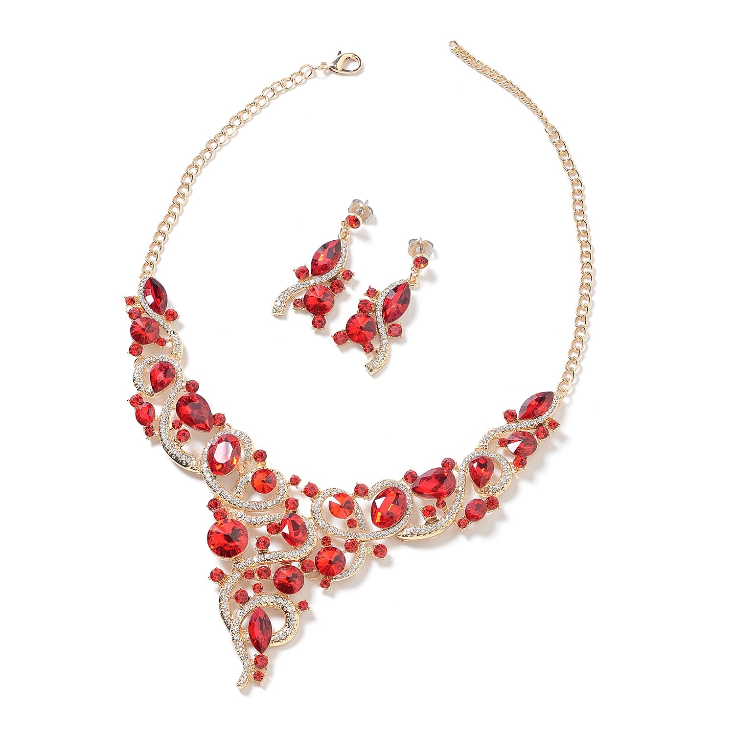 2 Piece Set - Simulated Red Garnet, Red and White Austrian Crystal Necklace (Size 18 with 3 inch Extender) and Earrings (with Push Back) in Silver Tone