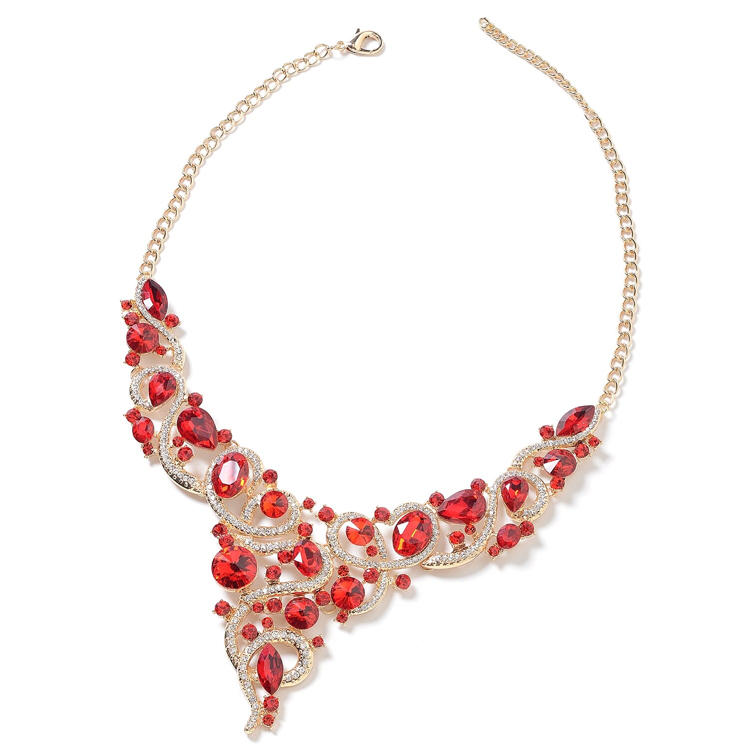 2 Piece Set - Simulated Red Garnet, Red and White Austrian Crystal Necklace (Size 18 with 3 inch Extender) and Earrings (with Push Back) in Silver Tone