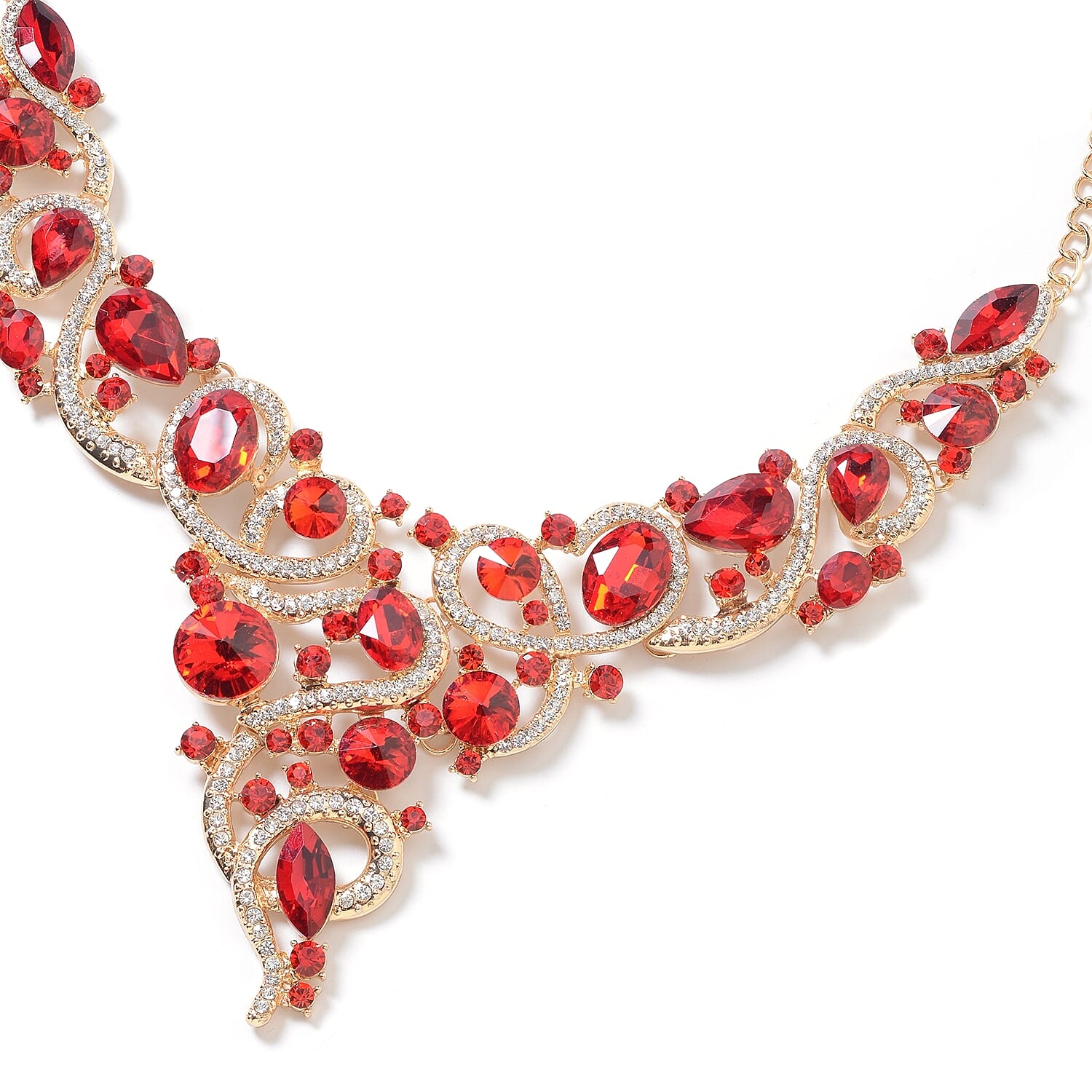 2 Piece Set - Simulated Red Garnet, Red and White Austrian Crystal Necklace (Size 18 with 3 inch Extender) and Earrings (with Push Back) in Silver Tone