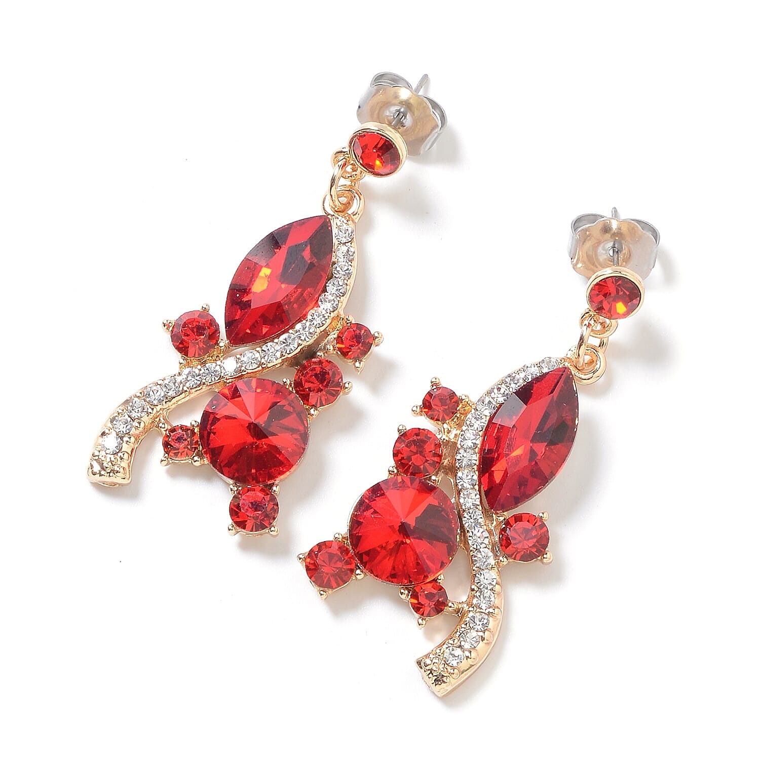 2 Piece Set - Simulated Red Garnet, Red and White Austrian Crystal Necklace (Size 18 with 3 inch Extender) and Earrings (with Push Back) in Silver Tone