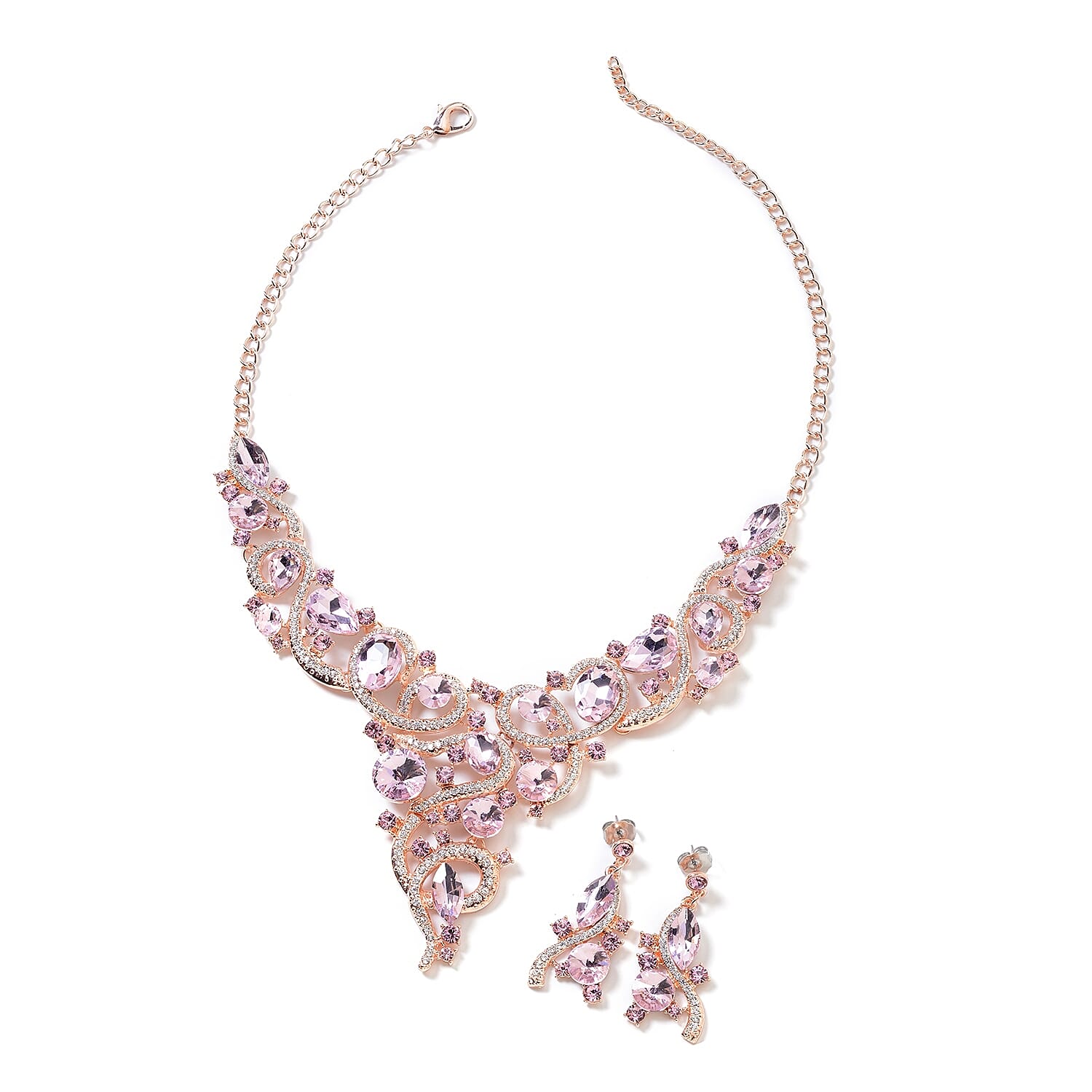 2 Piece Set - Simulated Pink Sapphire, Pink and White Austrian Crystal Necklace (Size 18 with 3 inch Extender) and Earrings (with Push Back) in Rose Gold Tone