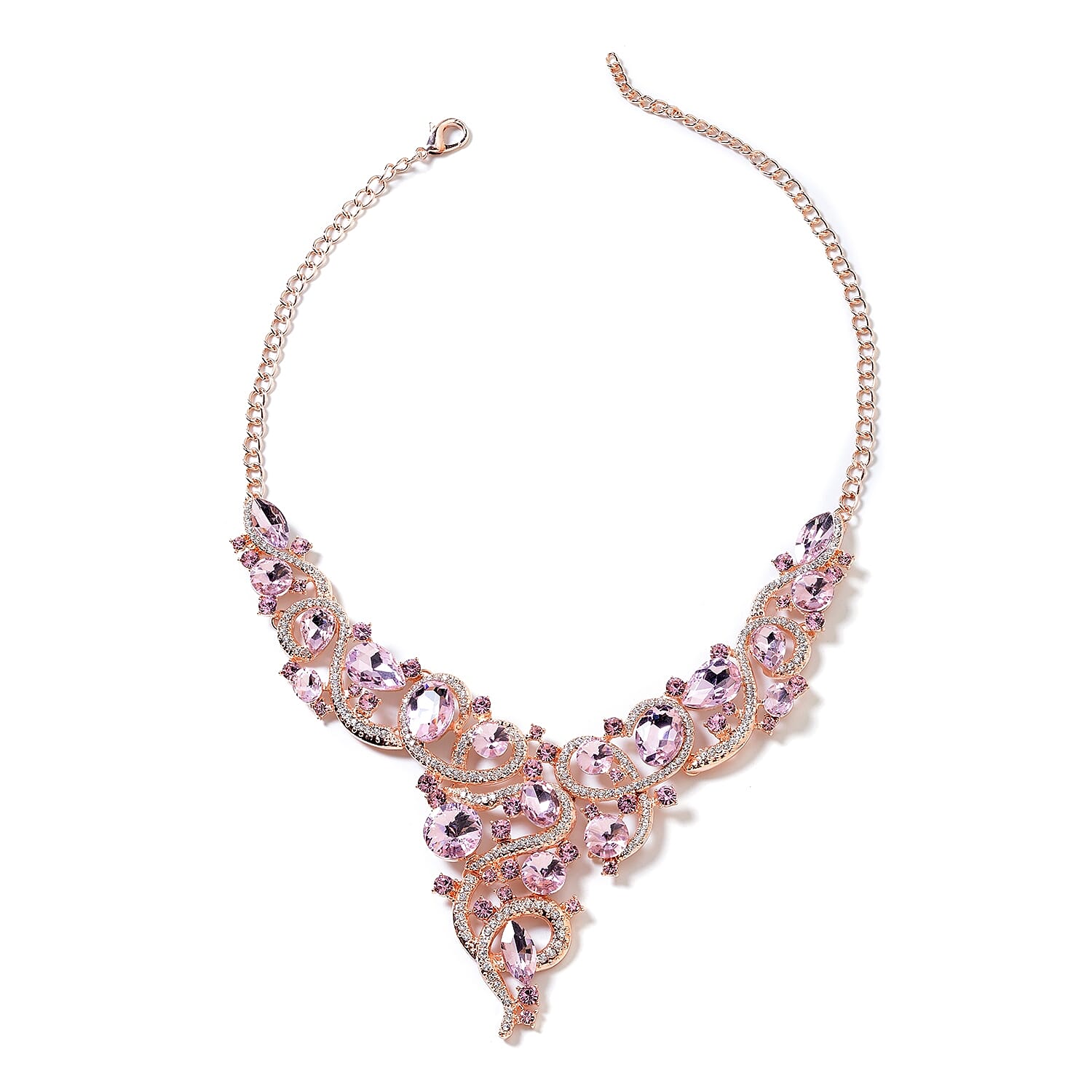 2 Piece Set - Simulated Pink Sapphire, Pink and White Austrian Crystal Necklace (Size 18 with 3 inch Extender) and Earrings (with Push Back) in Rose Gold Tone