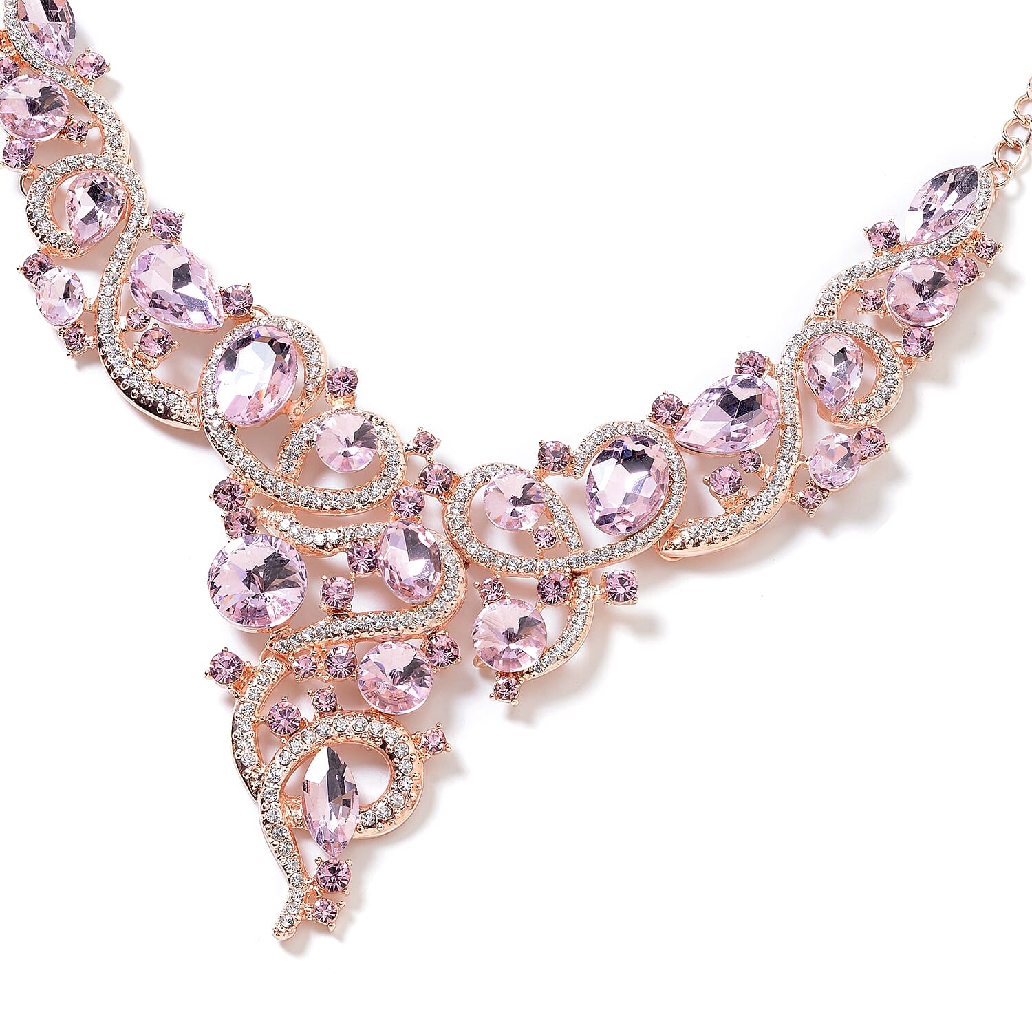2 Piece Set - Simulated Pink Sapphire, Pink and White Austrian Crystal Necklace (Size 18 with 3 inch Extender) and Earrings (with Push Back) in Rose Gold Tone
