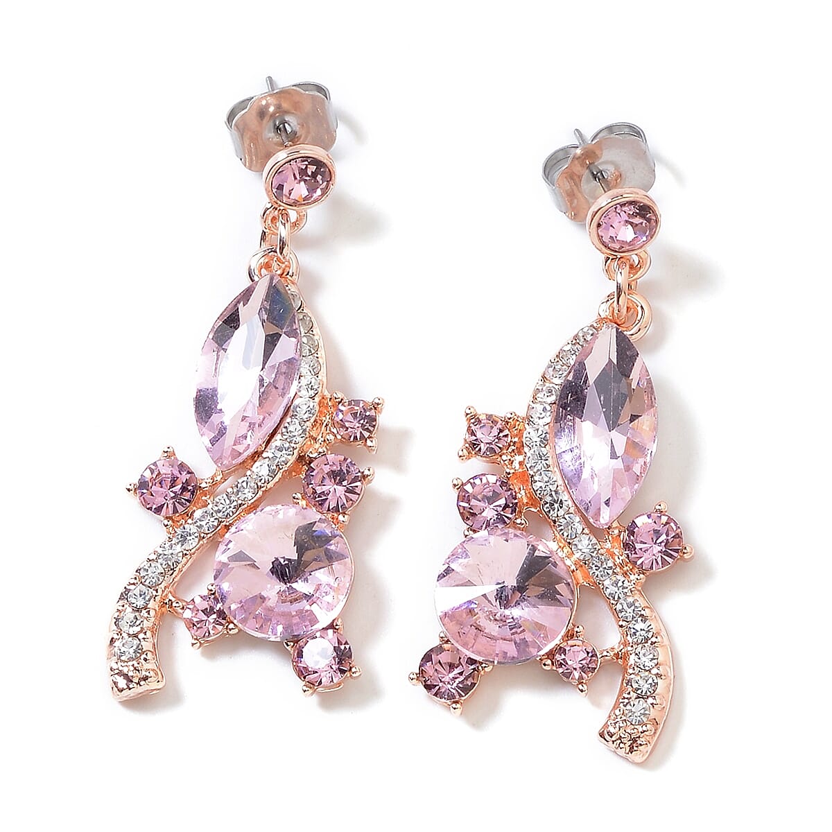2 Piece Set - Simulated Pink Sapphire, Pink and White Austrian Crystal Necklace (Size 18 with 3 inch Extender) and Earrings (with Push Back) in Rose Gold Tone