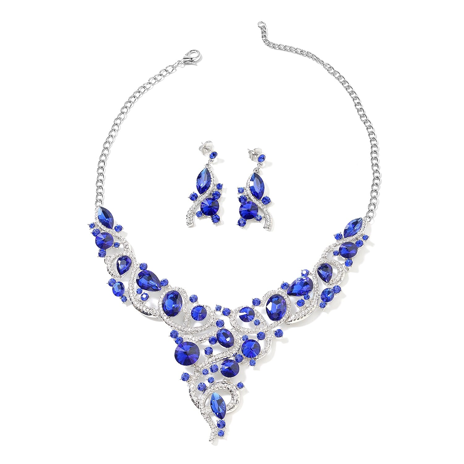 2 Piece Set - Simulated Blue Sapphire, White and Blue Austrian Crystal Necklace (Size 18 with 3 Extender) and Earrings (with Push Back) in Silver Plated