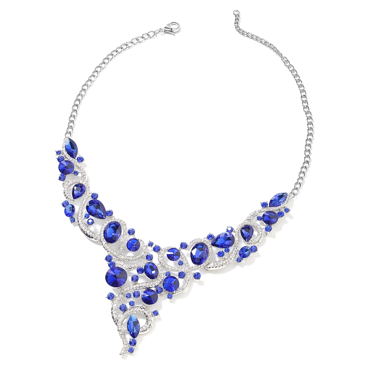 2 Piece Set - Simulated Blue Sapphire, White and Blue Austrian Crystal Necklace (Size 18 with 3 Extender) and Earrings (with Push Back) in Silver Plated