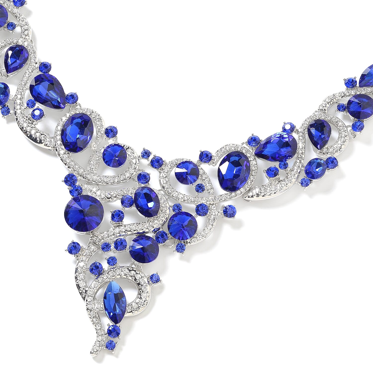 2 Piece Set - Simulated Blue Sapphire, White and Blue Austrian Crystal Necklace (Size 18 with 3 Extender) and Earrings (with Push Back) in Silver Plated