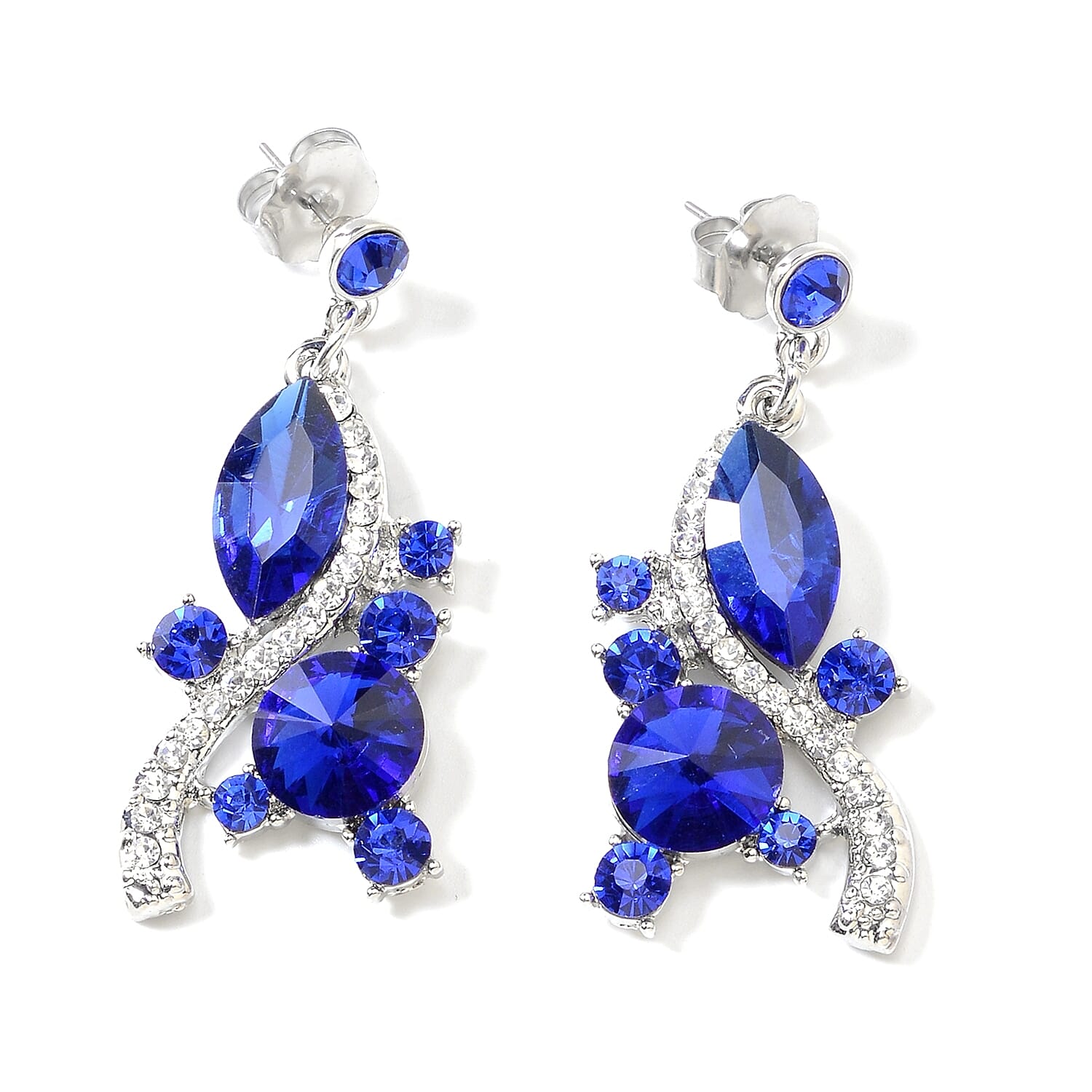 2 Piece Set - Simulated Blue Sapphire, White and Blue Austrian Crystal Necklace (Size 18 with 3 Extender) and Earrings (with Push Back) in Silver Plated