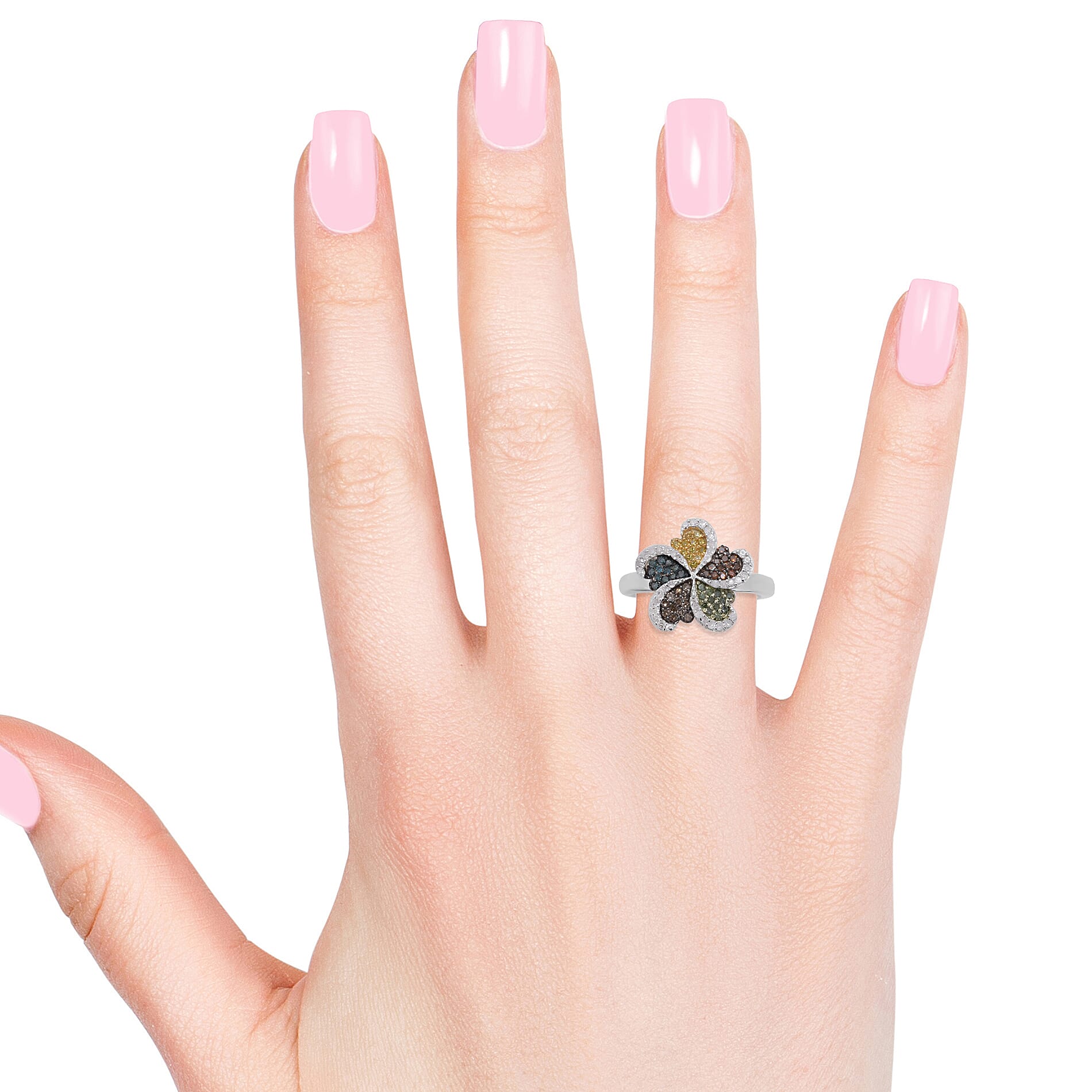 Designer Inspired - Multi Colour Diamond (Rnd) Ring in Platinum Overlay Sterling Silver 0.500 Ct, Number of Diamonds 100.