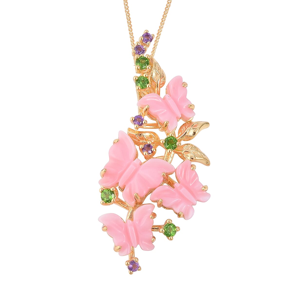 Pink Mother of Pearl, Chrome Diopside and Amethyst Butterfly Pendant with Chain in Sterling Silver