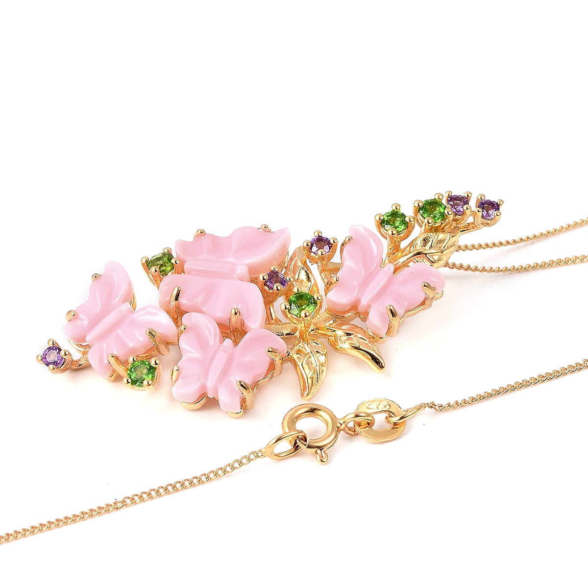 Pink Mother of Pearl, Chrome Diopside and Amethyst Butterfly Pendant with Chain in Sterling Silver