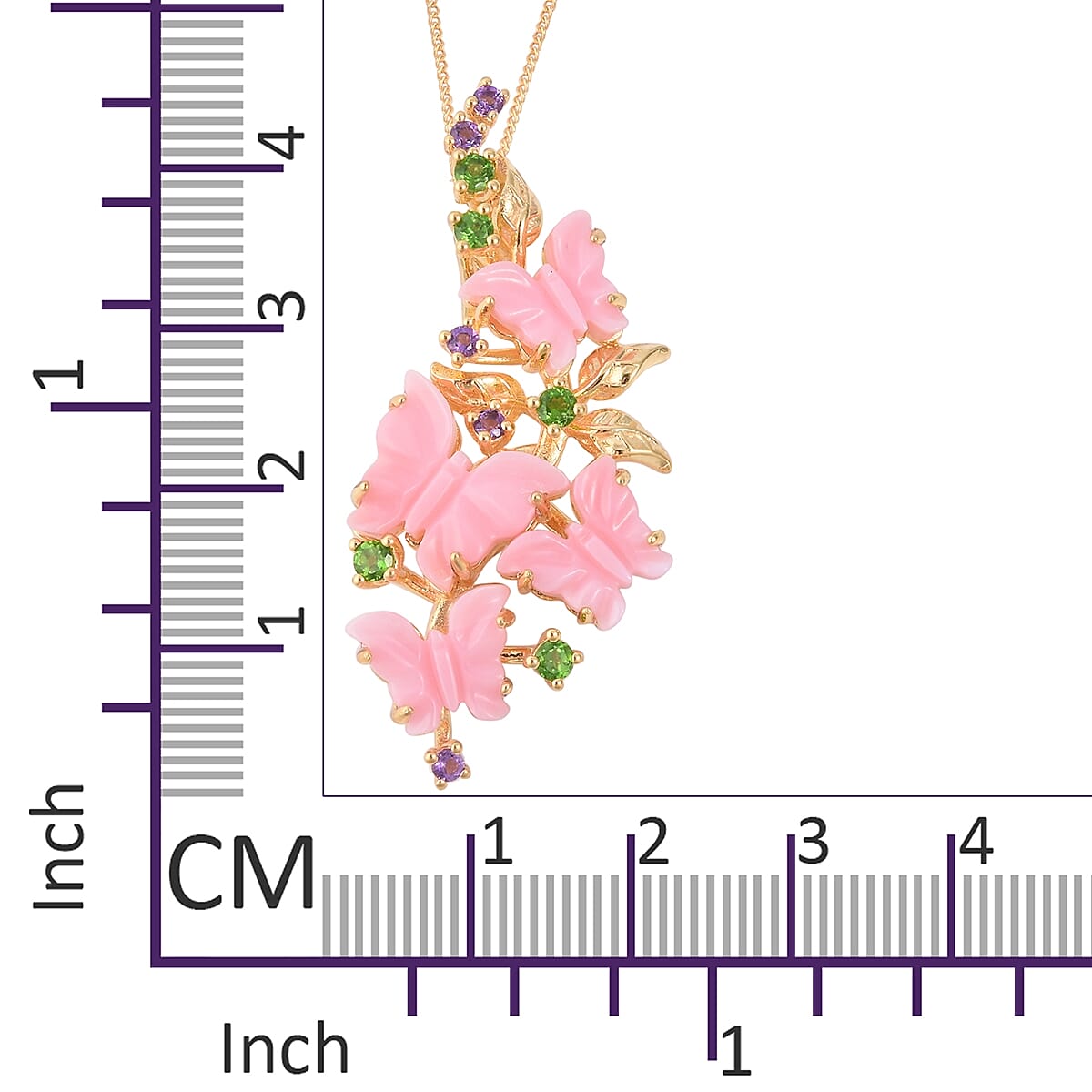 Pink Mother of Pearl, Chrome Diopside and Amethyst Butterfly Pendant with Chain in Sterling Silver