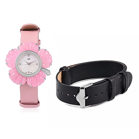 GP Swiss Movement Water Resistant Carved Pink Jade and Simulated Diamond Sterling Silver Watch with Extra Black Strap 64.00 Ct, Metal Wt 24.00 Gms