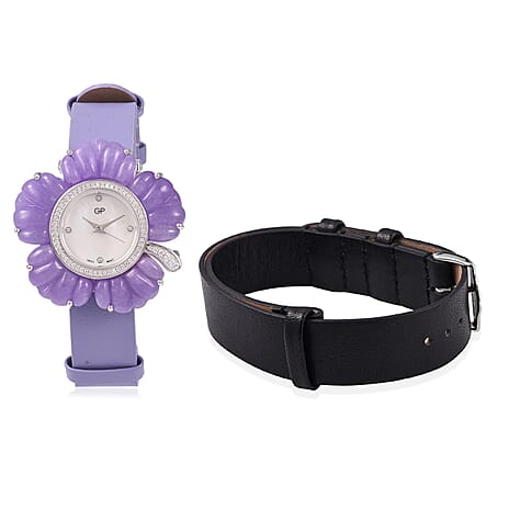 GP Swiss Movement Water Resistant Carved Purple Jade and Simulated Diamond Sterling Silver Watch with Extra Black Strap 65.00 Ct, Metal wt 24.00 Gms.
