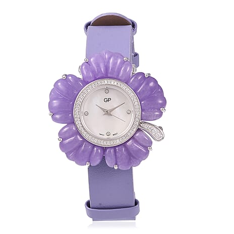 GP Swiss Movement Water Resistant Carved Purple Jade and Simulated Diamond Sterling Silver Watch with Extra Black Strap 65.00 Ct, Metal wt 24.00 Gms.