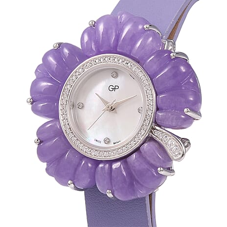 GP Swiss Movement Water Resistant Carved Purple Jade and Simulated Diamond Sterling Silver Watch with Extra Black Strap 65.00 Ct, Metal wt 24.00 Gms.