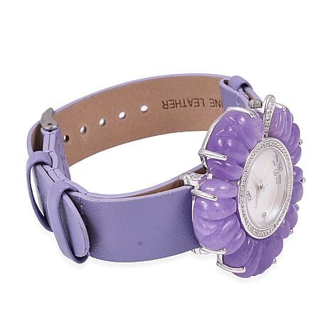GP Swiss Movement Water Resistant Carved Purple Jade and Simulated Diamond Sterling Silver Watch with Extra Black Strap 65.00 Ct, Metal wt 24.00 Gms.
