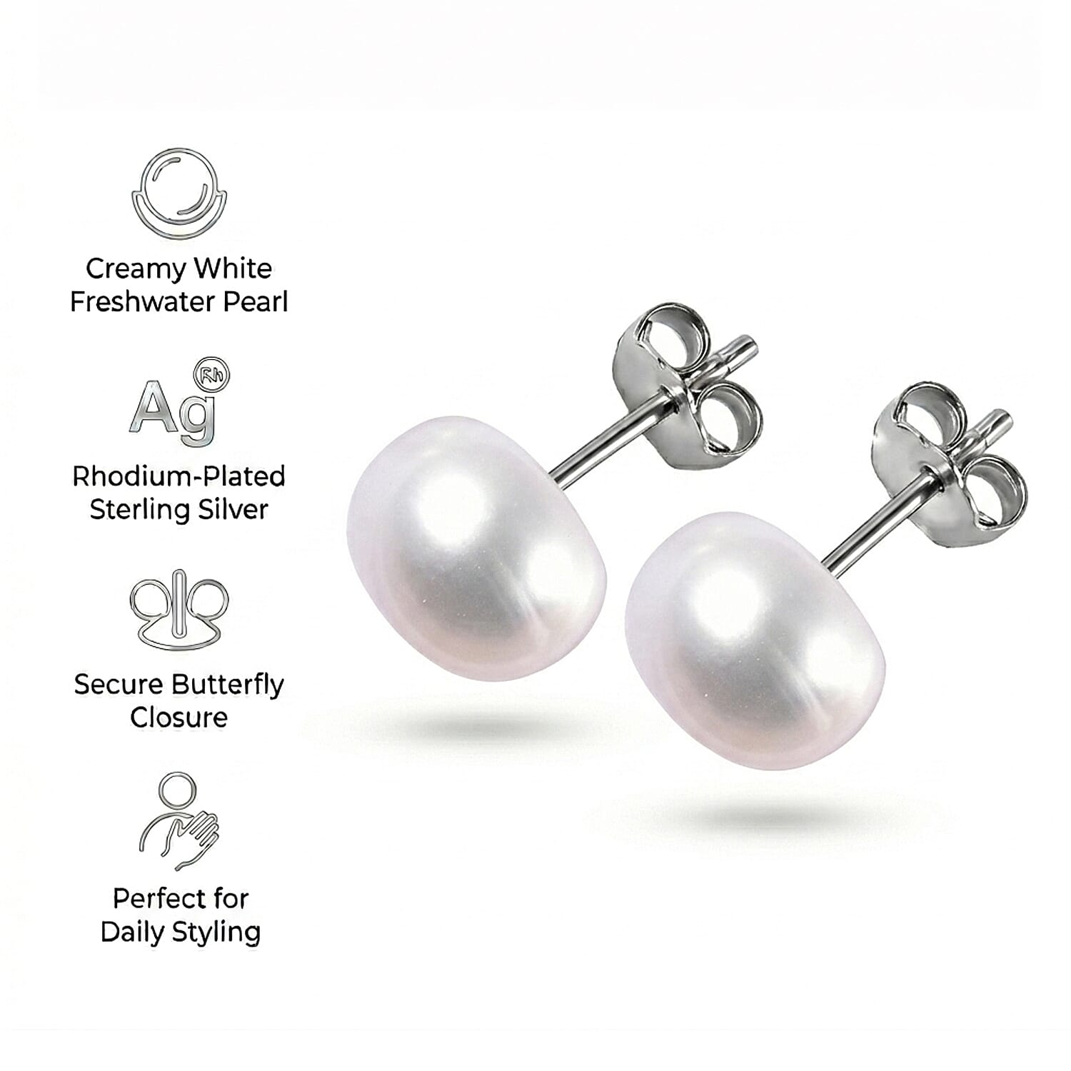 Fresh Water Pearl Stud Earrings with Push in Rhodium Overlay Sterling Silver 7.56 Ct.