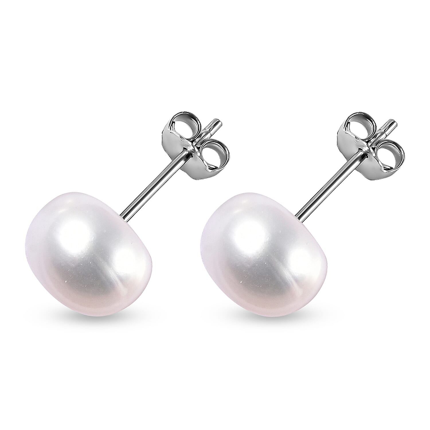 Fresh Water Pearl Stud Earrings with Push in Rhodium Overlay Sterling Silver 7.56 Ct.