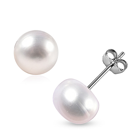 White Pearl (9-10mm) Solitaire Stud Earrings in Platinum Plated Silver