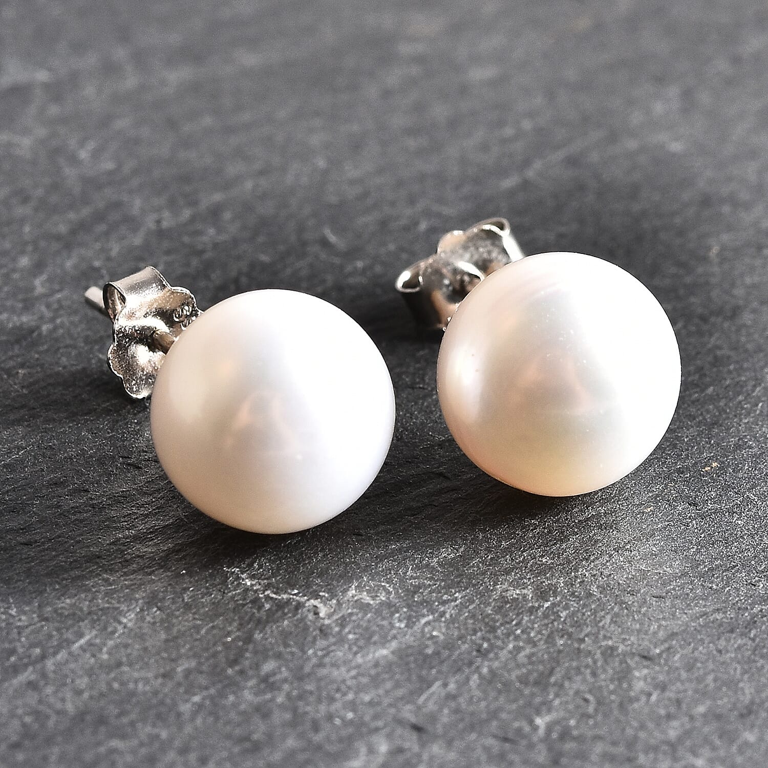 Fresh Water Pearl Stud Earrings with Push in Rhodium Overlay Sterling Silver 7.56 Ct.
