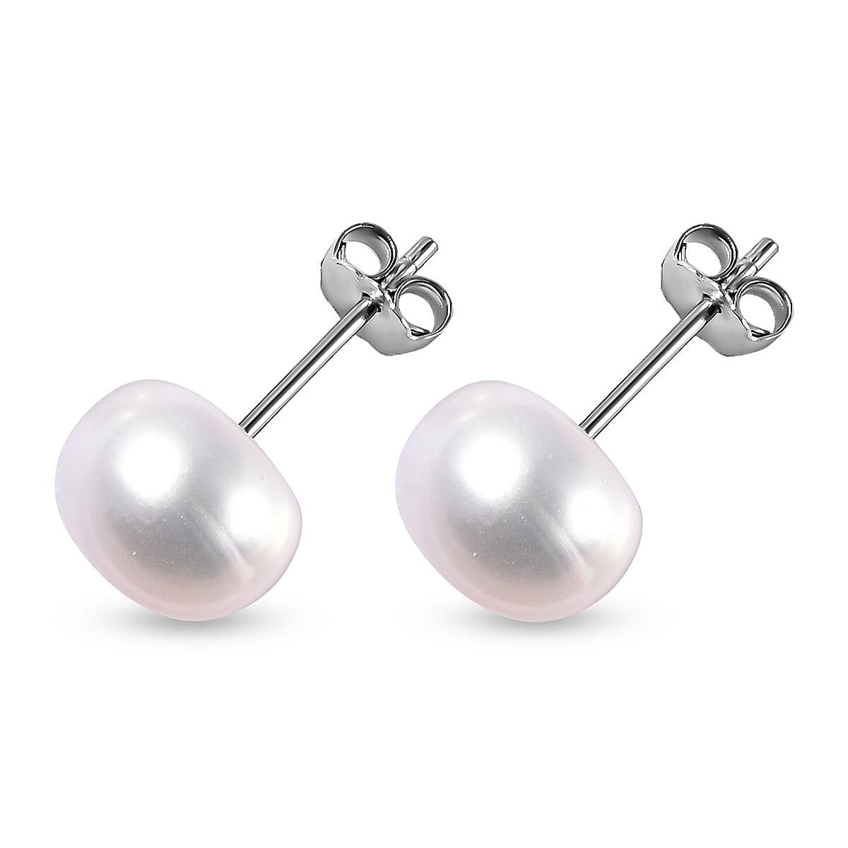 Fresh Water Pearl Stud Earrings with Push in Rhodium Overlay Sterling Silver 7.56 Ct.