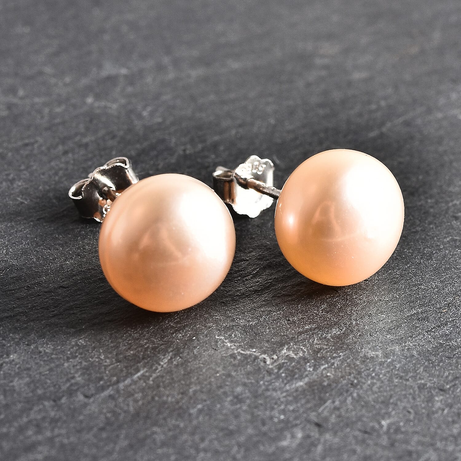 Peach Fresh Water Pearl Stud Earrings With Push Back in Rhodium Overlay Sterling Silver 7.00 Ct