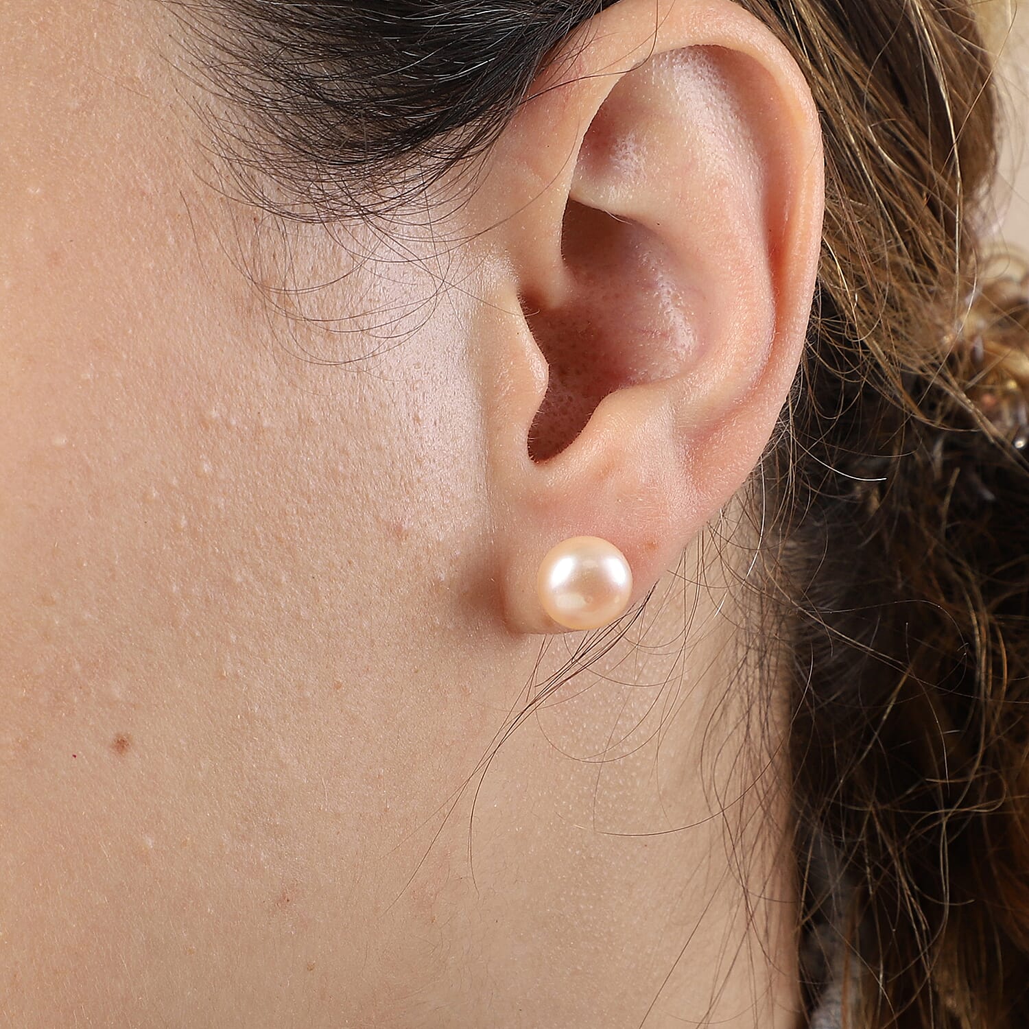 Peach Fresh Water Pearl Stud Earrings With Push Back in Rhodium Overlay Sterling Silver 7.00 Ct