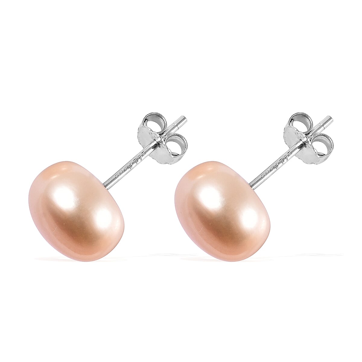 Peach Fresh Water Pearl Stud Earrings With Push Back in Rhodium Overlay Sterling Silver 7.00 Ct