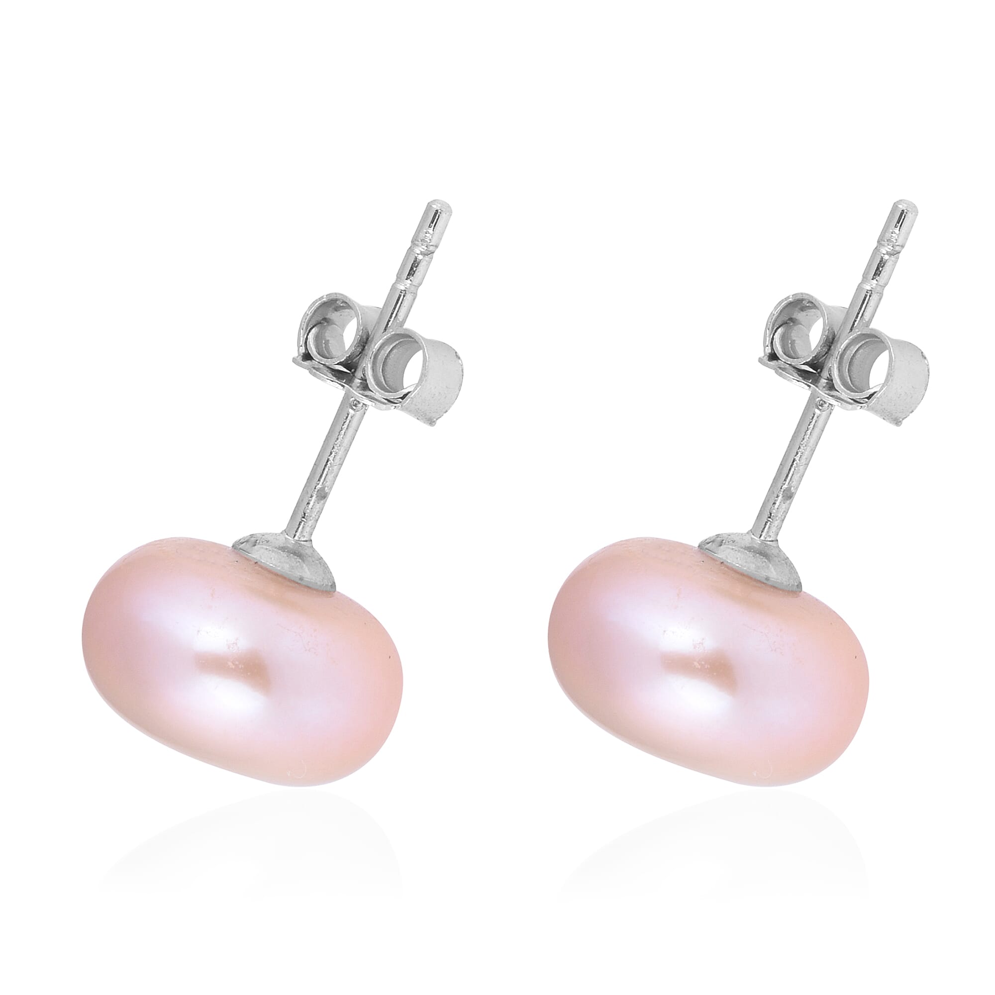 Peach Fresh Water Pearl Stud Earrings With Push Back in Rhodium Overlay Sterling Silver 7.00 Ct
