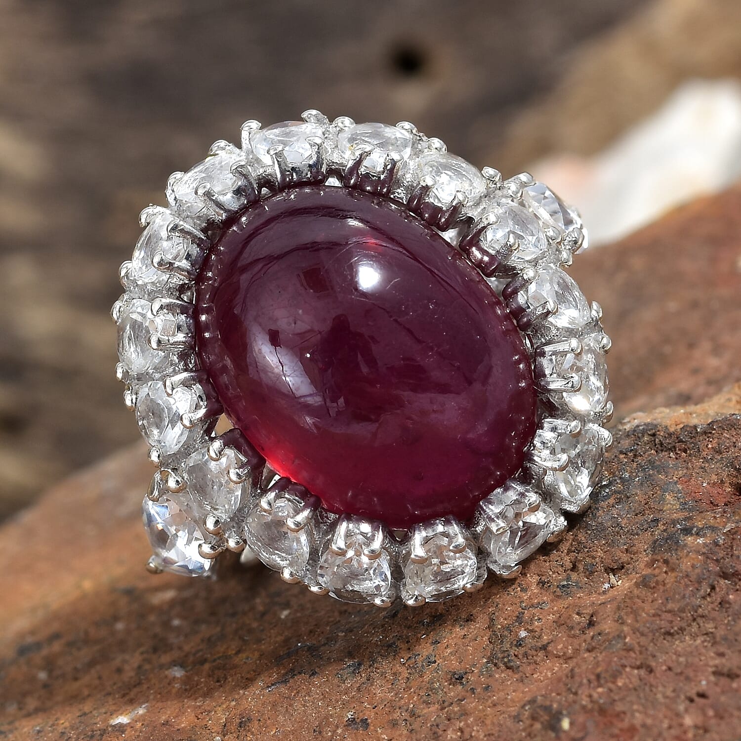 African Ruby (FF), White Topaz Ring in Platinum Overlay Sterling Silver 20.000 Ct.
