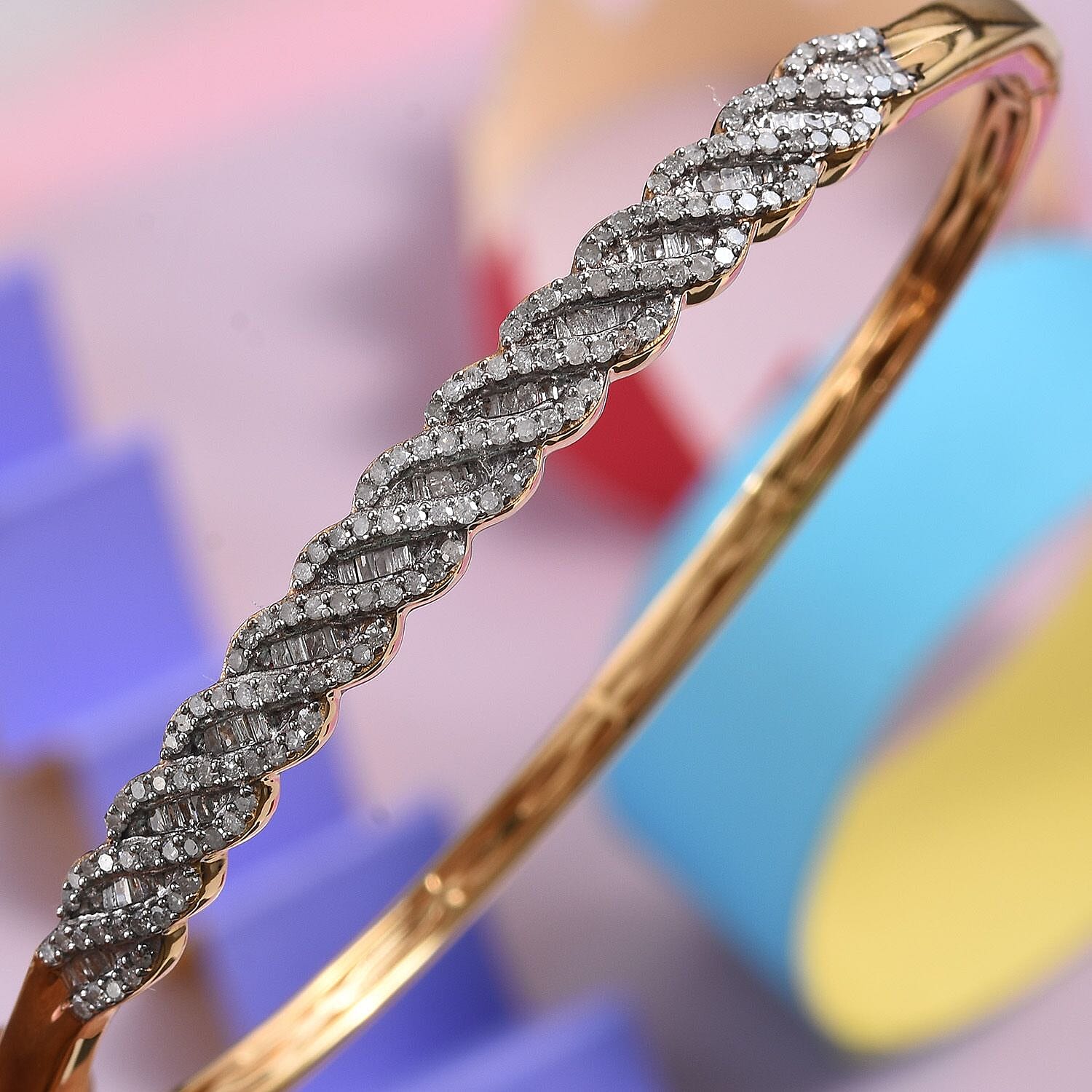 Natural Diamond (Bgt) Bangle (Size 7.5) in 14K Gold Overlay Sterling Silver 1.00 Ct, Silver wt 13.00 Gms, Number of Diamonds 203.