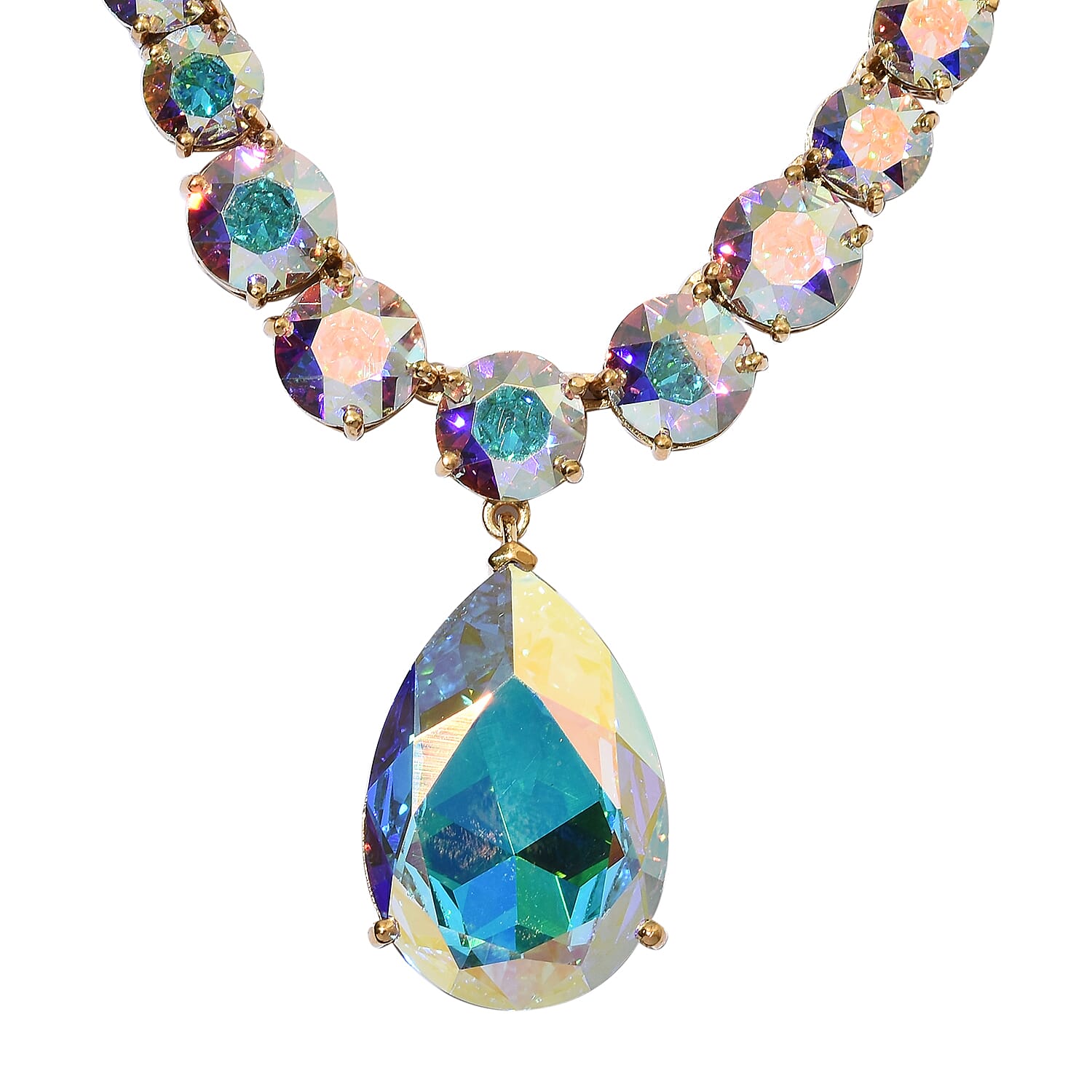 Lustro Stella  - AB Crystal (Pear 30x20 mm) Necklace (Size 18) in 14K Gold Overlay Sterling Silver, Silver wt 27.37 Gms.