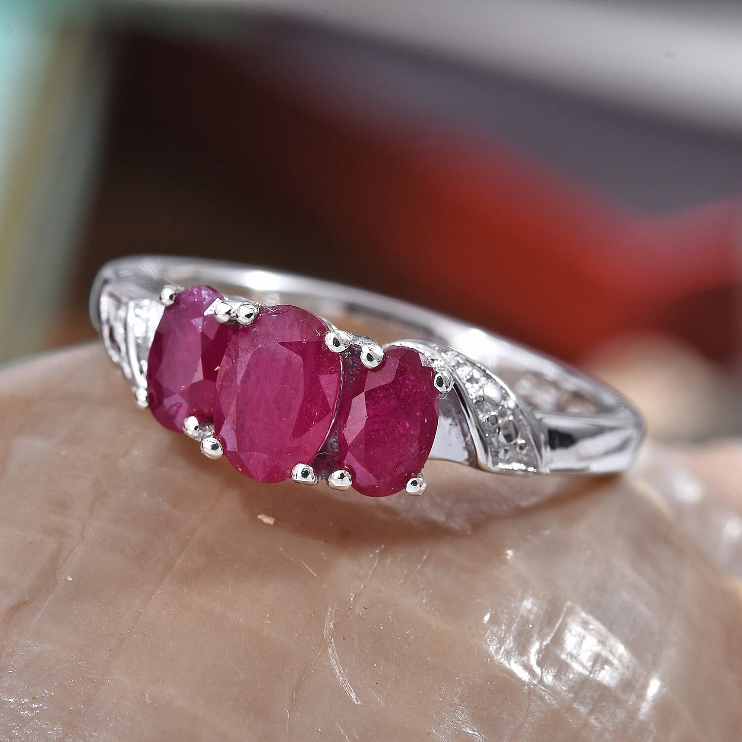 African Ruby (FF) Trilogy Ring in Platinum Overlay Sterling Silver 1.34 Ct.