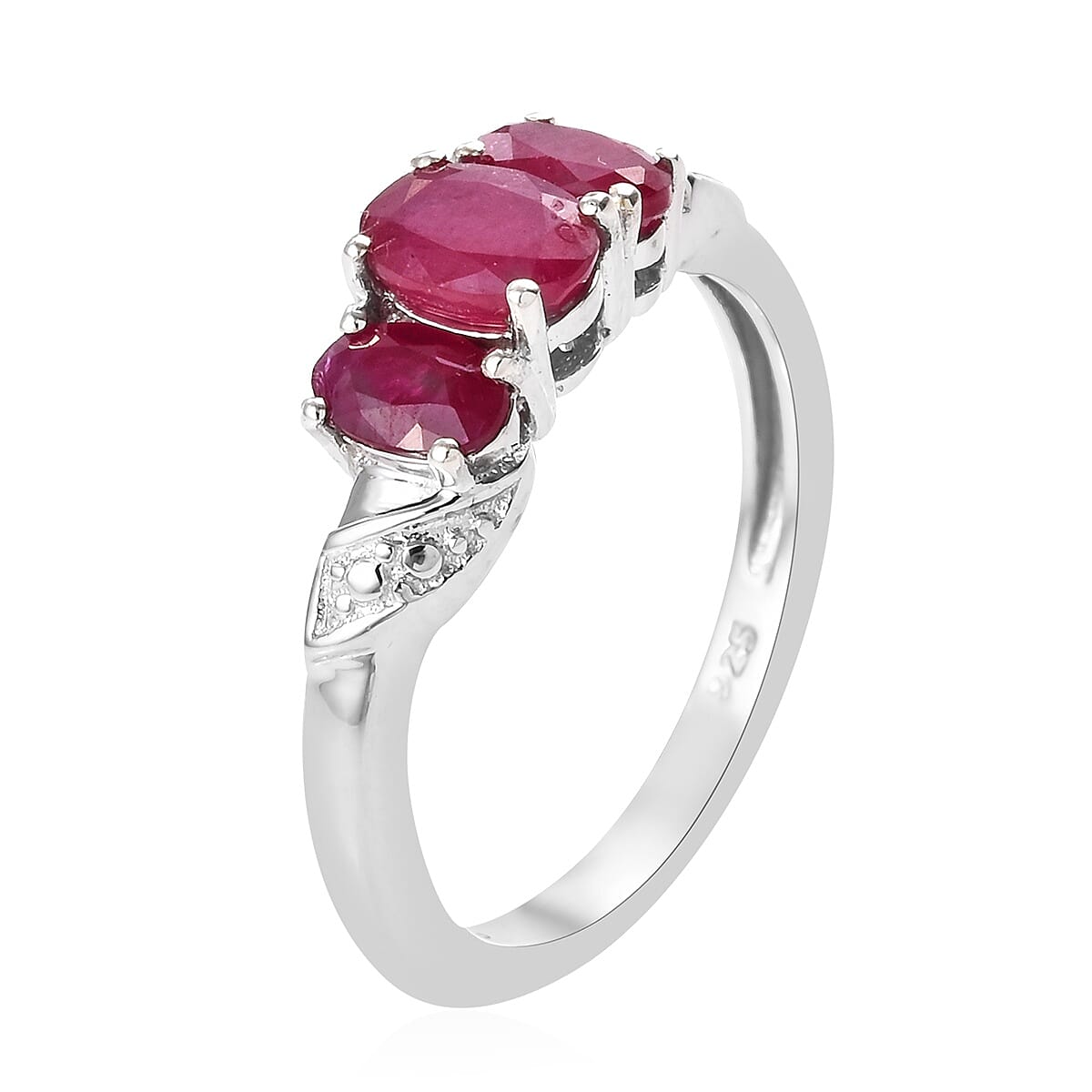 African Ruby (FF) Trilogy Ring in Platinum Overlay Sterling Silver 1.34 Ct.