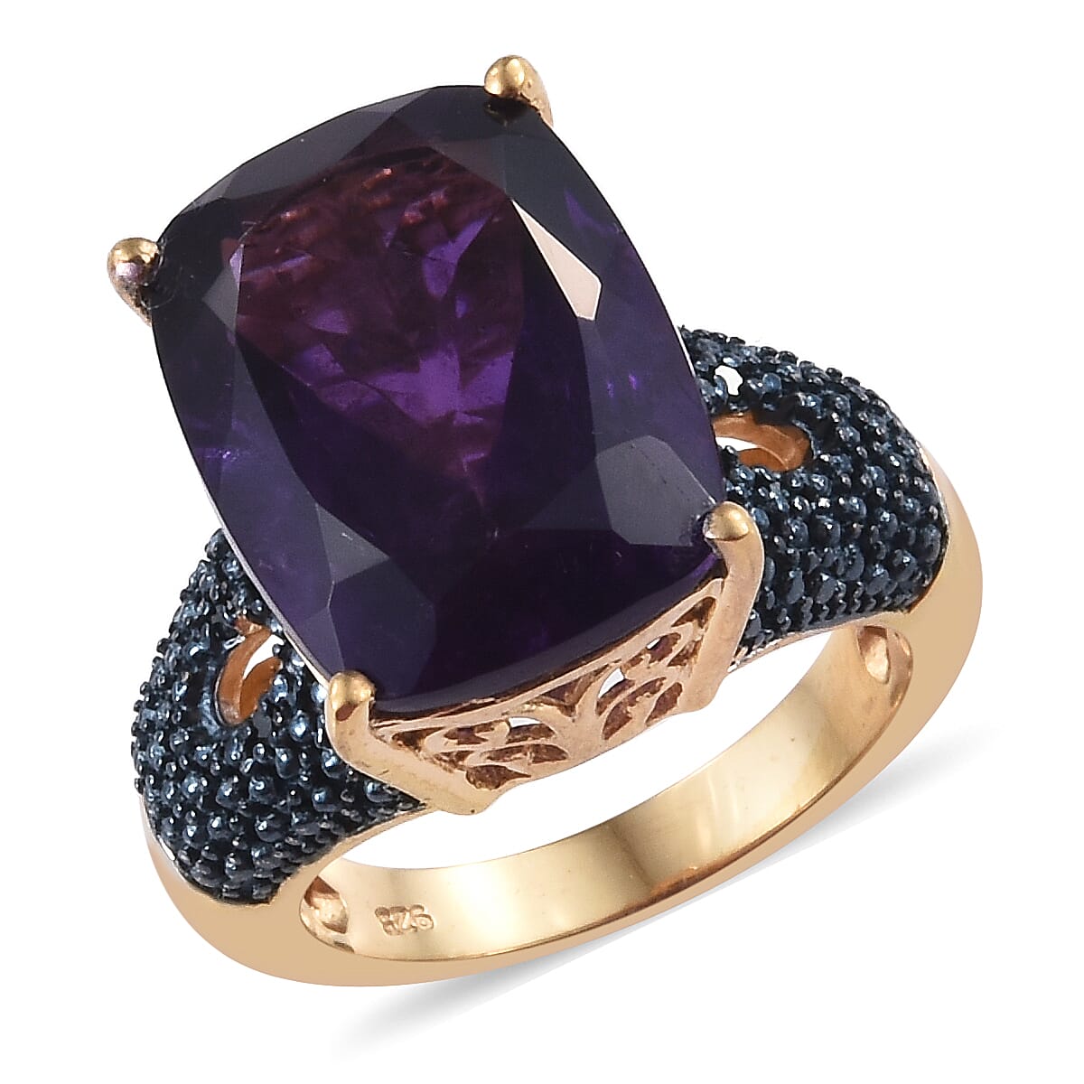 Amethyst (Cush 16x12 mm), Blue Diamond Ring in 14K Gold Overlay Sterling Silver 10.000 Ct, Silver wt 6.52 Gms.