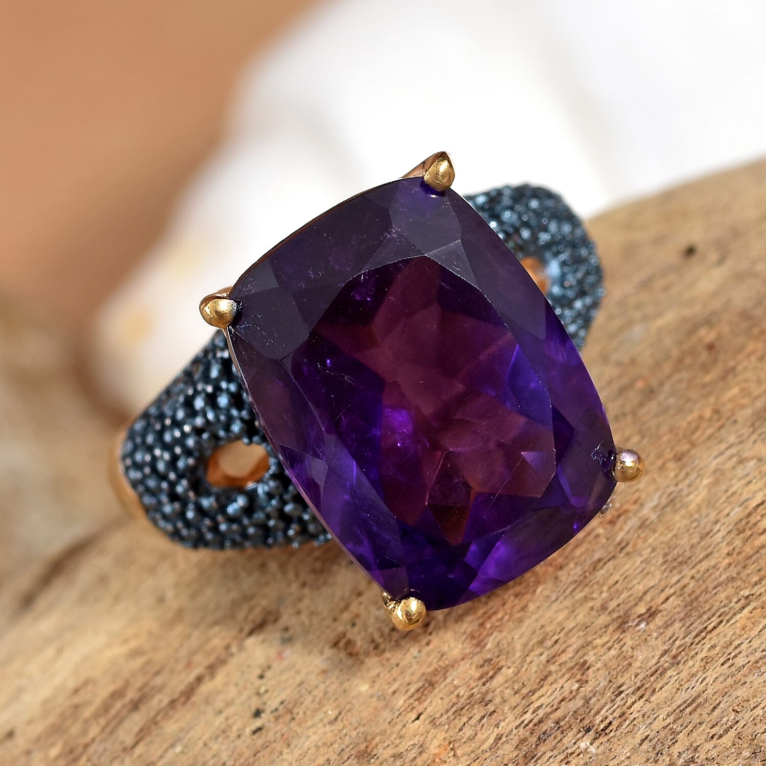 Amethyst (Cush 16x12 mm), Blue Diamond Ring in 14K Gold Overlay Sterling Silver 10.000 Ct, Silver wt 6.52 Gms.