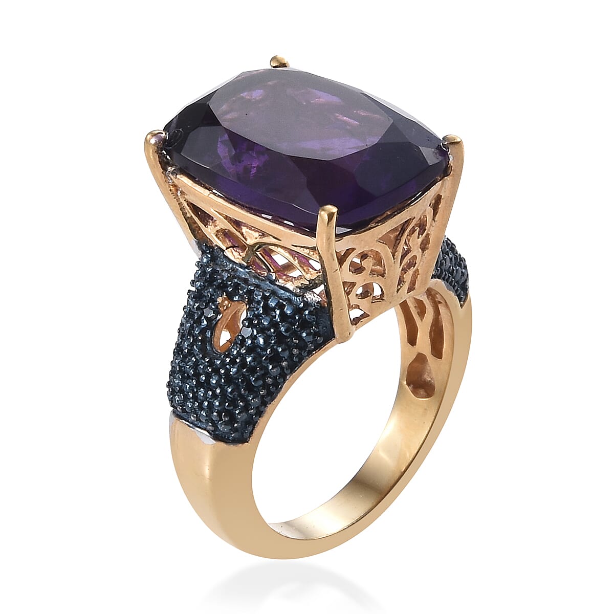 Amethyst (Cush 16x12 mm), Blue Diamond Ring in 14K Gold Overlay Sterling Silver 10.000 Ct, Silver wt 6.52 Gms.