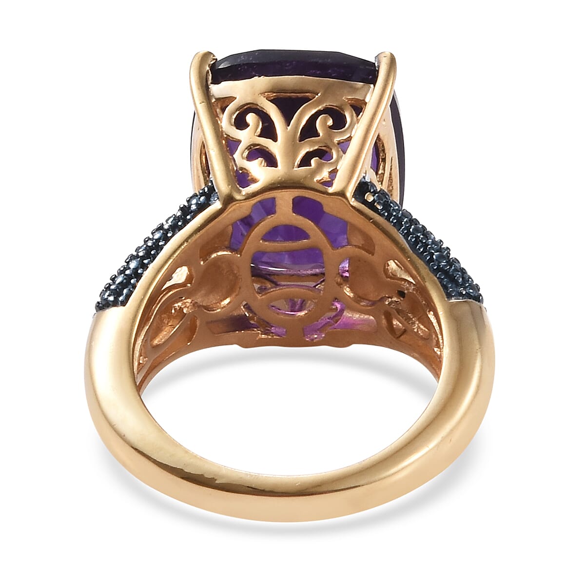 Amethyst (Cush 16x12 mm), Blue Diamond Ring in 14K Gold Overlay Sterling Silver 10.000 Ct, Silver wt 6.52 Gms.
