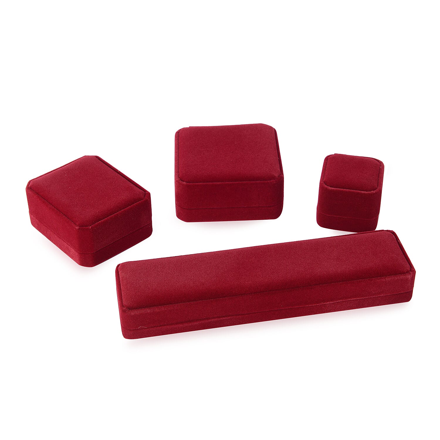 Set of 4 - Jewellery Boxes Ring Box (5.4x5x4.2 Cm), Pendant Box (Size 8.6x7x4 Cm), Bracelet (Size 9x9x4 Cm) and Long Chain Box (Size 21.8x5.6x3 Cm) - Wine Red
