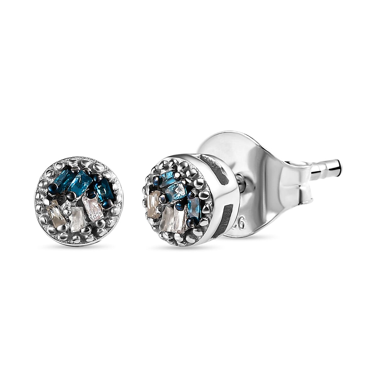 Teal Blue and White Diamond Stud Earrings (With Push Back) in Platinum Overlay Sterling Silver