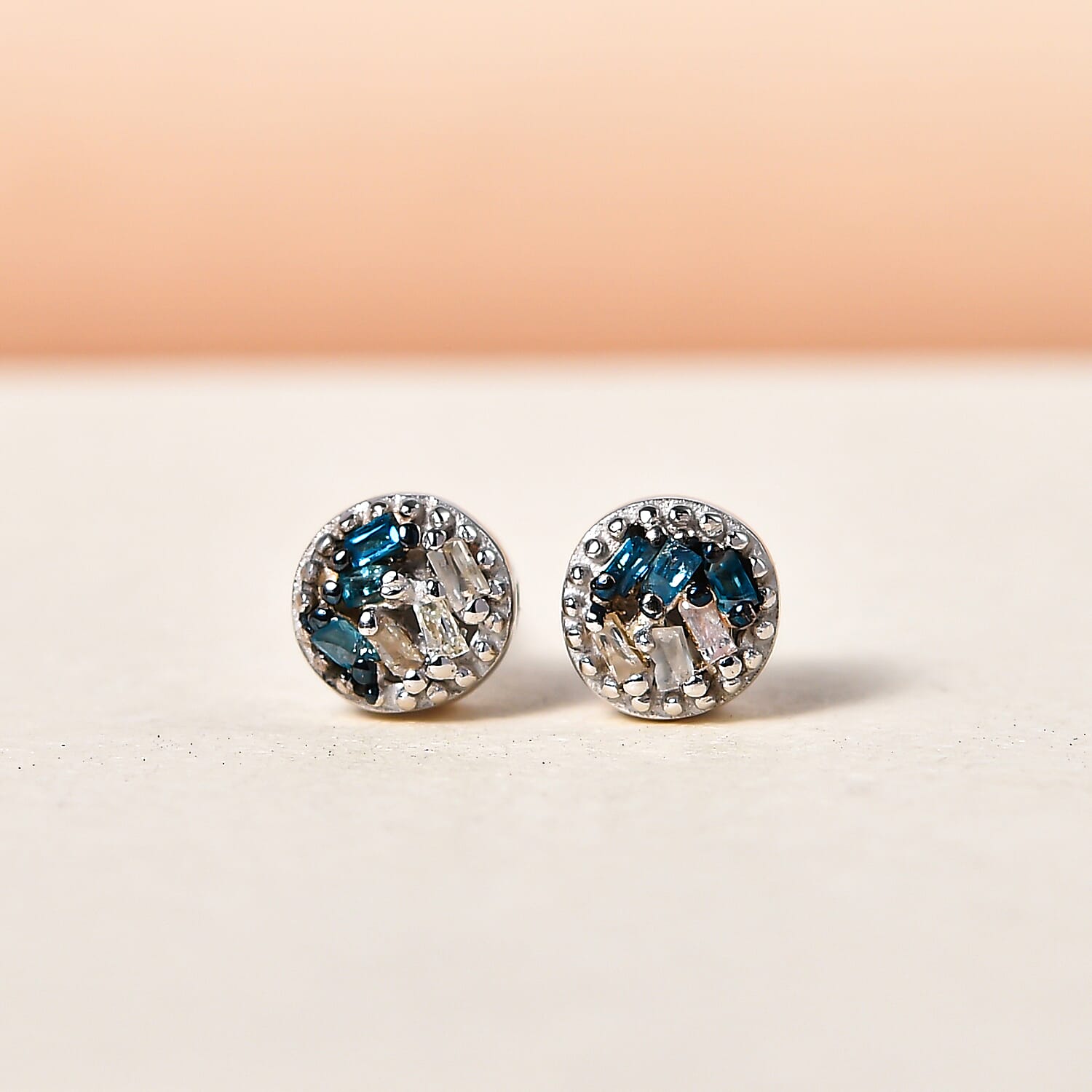 Teal Blue and White Diamond Stud Earrings (With Push Back) in Platinum Overlay Sterling Silver