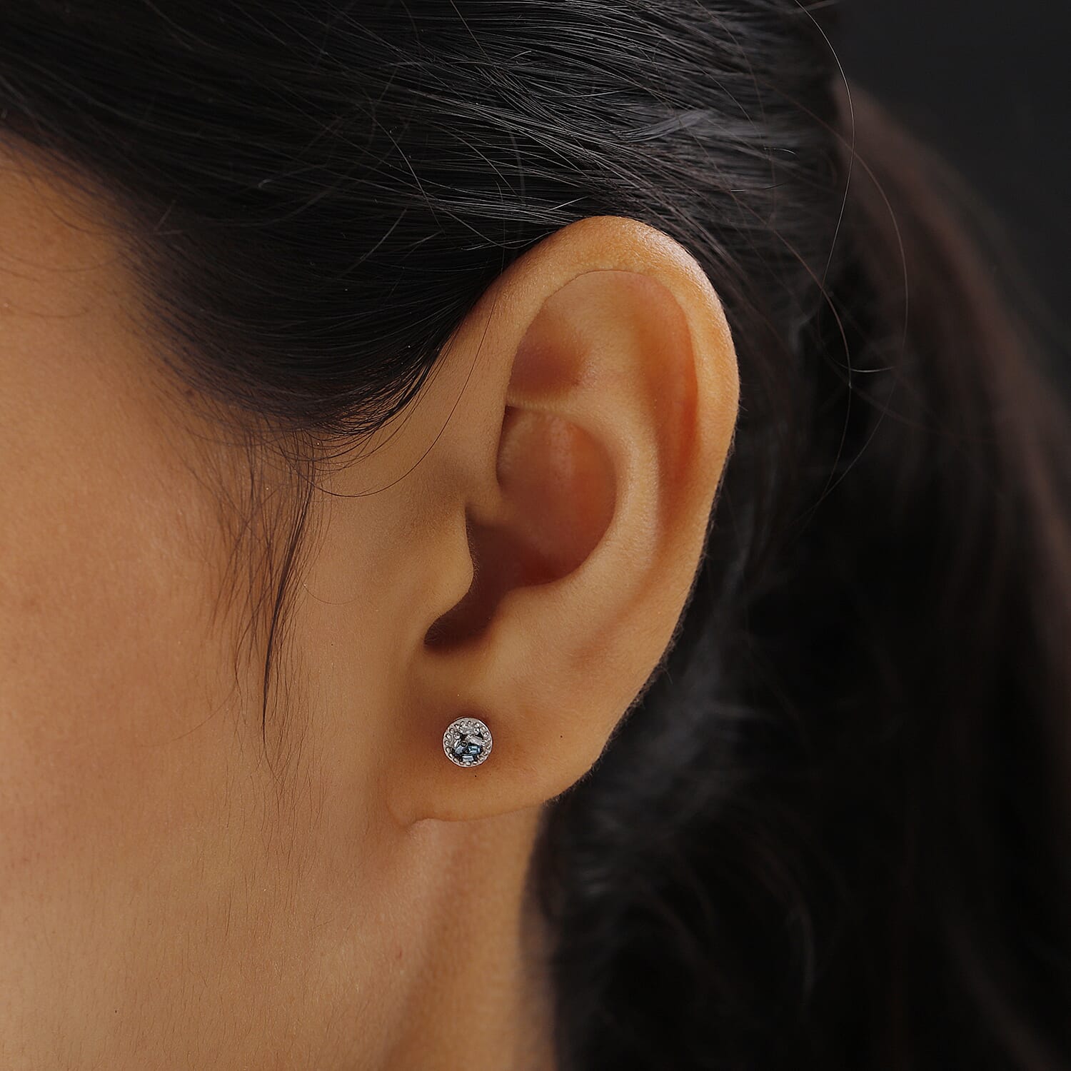 Teal Blue and White Diamond Stud Earrings (With Push Back) in Platinum Overlay Sterling Silver