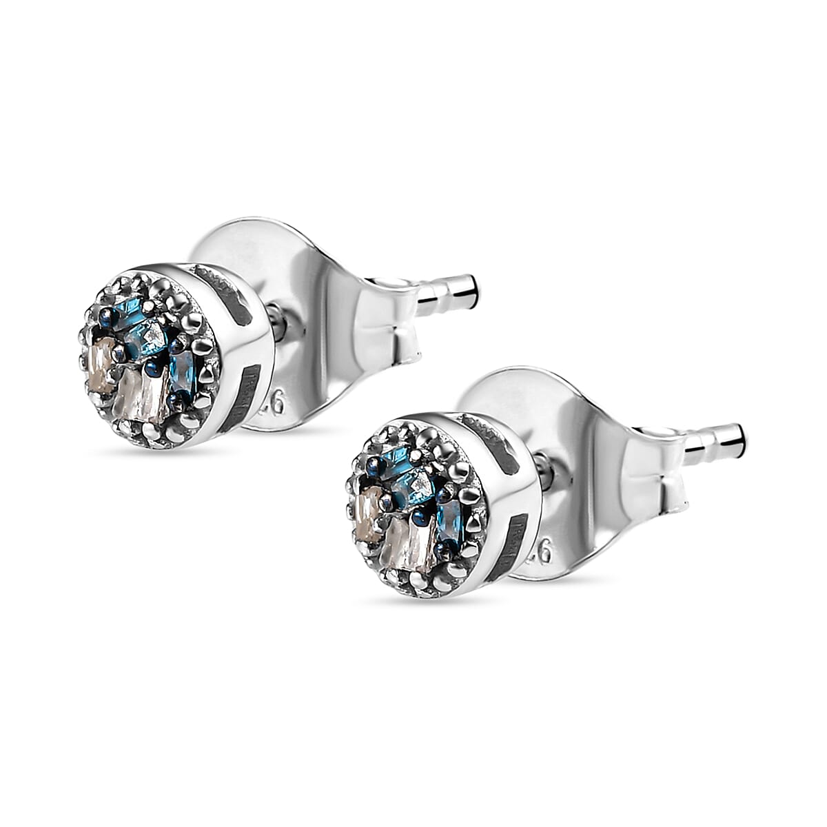 Teal Blue and White Diamond Stud Earrings (With Push Back) in Platinum Overlay Sterling Silver