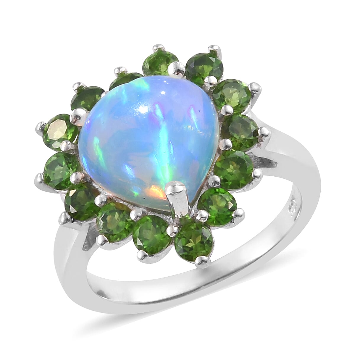 Ethiopian Welo Opal (Hrt 2.250 Ct), Chrome Diopside Ring in Platinum Overlay Sterling Silver 3.650 Ct.