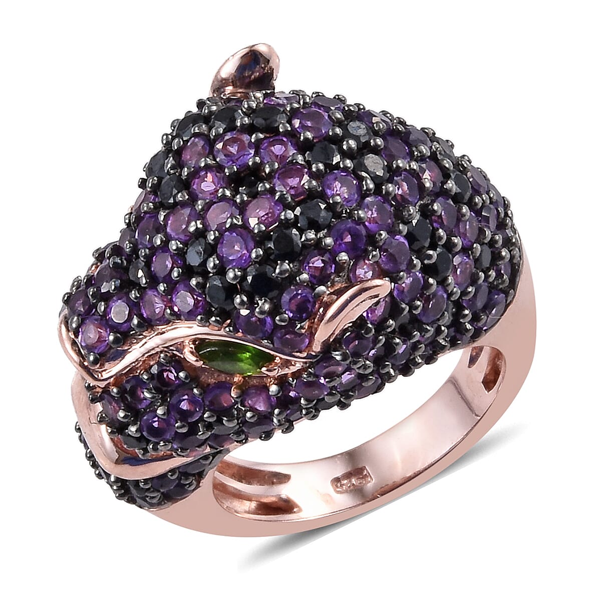 Amethyst (Rnd), Boi Ploi Black Spinel and Chrome Diopside Panther Ring in Rose Gold Overlay Sterling Silver 5.000 Ct, Silver wt 9.20 Gms.
