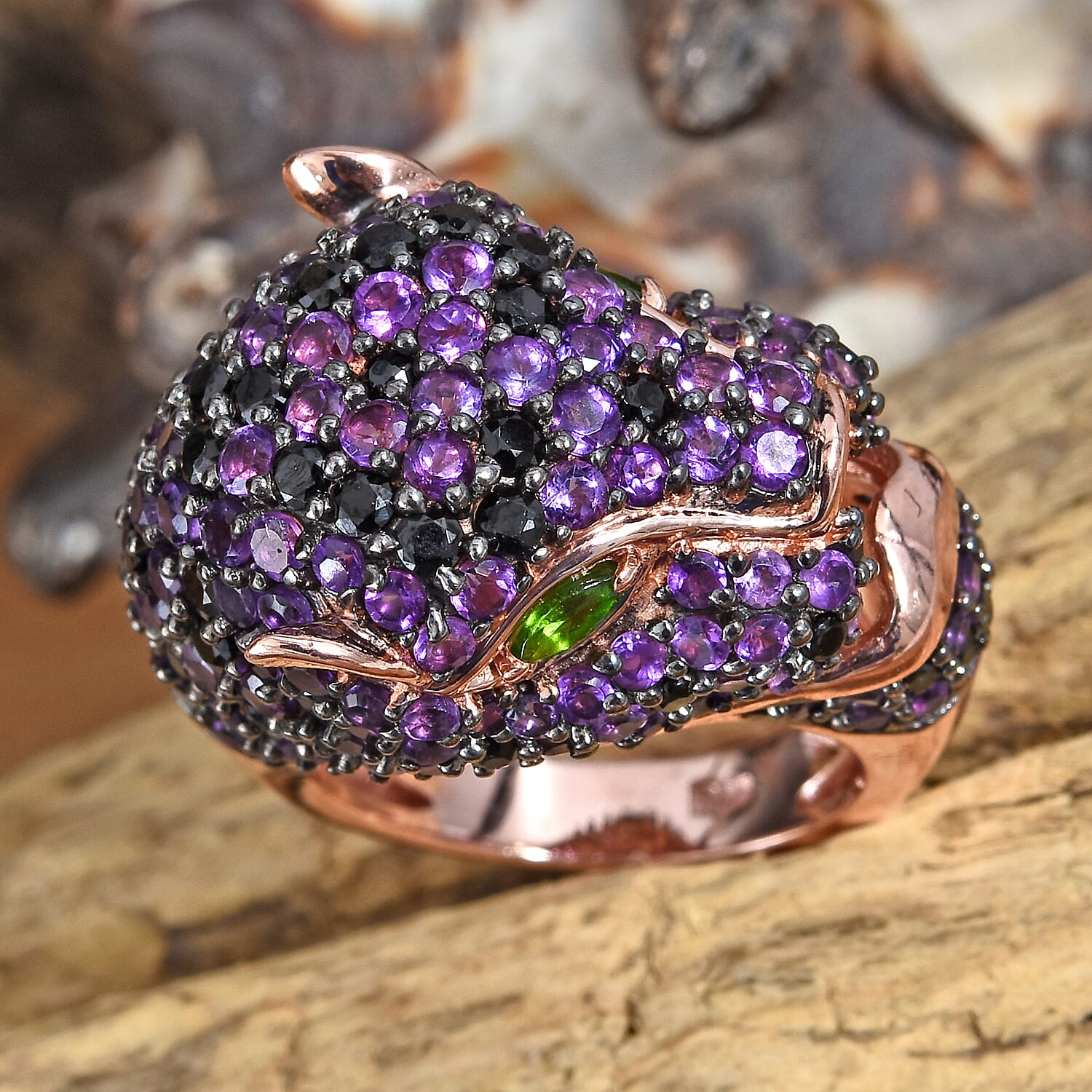 Amethyst (Rnd), Boi Ploi Black Spinel and Chrome Diopside Panther Ring in Rose Gold Overlay Sterling Silver 5.000 Ct, Silver wt 9.20 Gms.